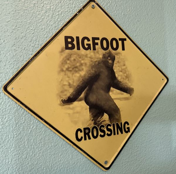 A BIGFOOT CROSSING road sign hanging on the seafoam wall inside the grill.
